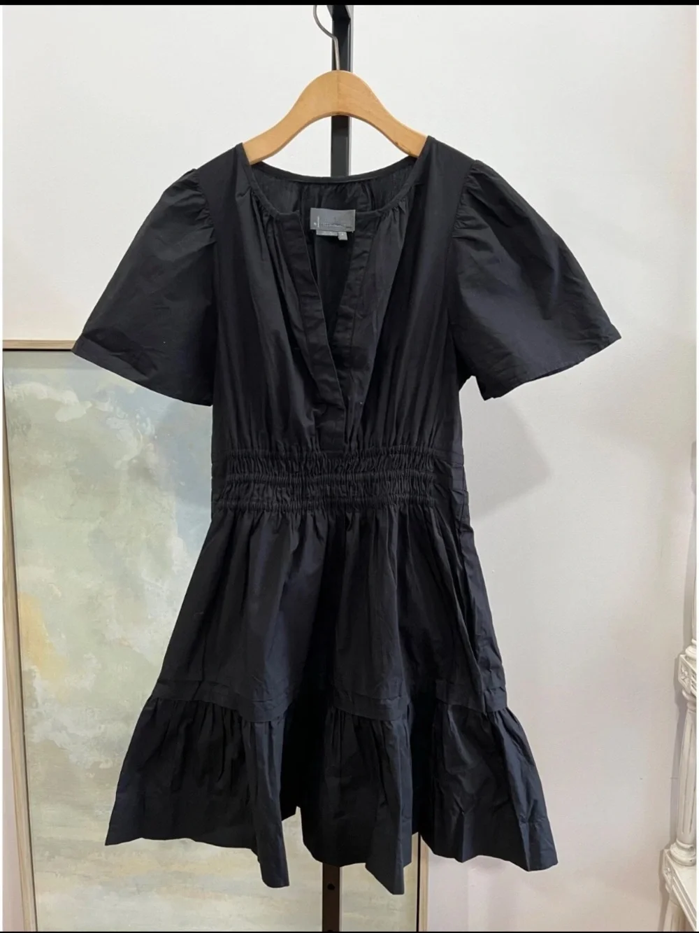 Anthropologie Black V-Neck Smocked Waist Tiered Mini Dress - Picture 3 of 7